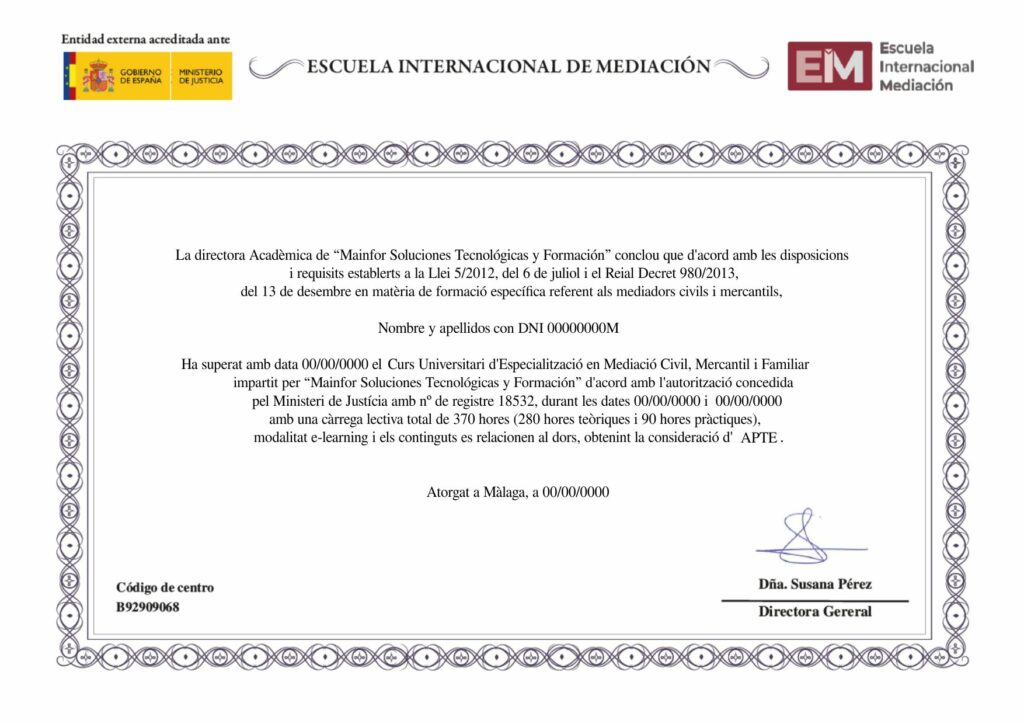 Curs universitari d’especialització en mediació civil, mercantil i familiar 16 Especialista 300 Catalunya Anvrs