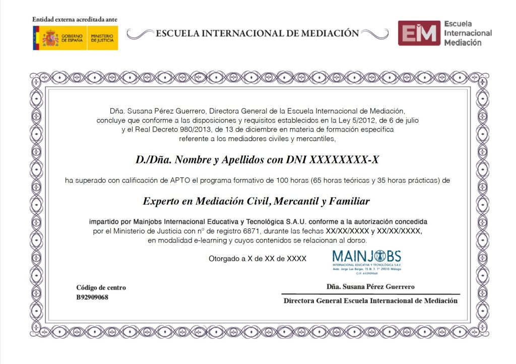 Titulo Experto En Mediacion Civil Mercantil Y Familiar