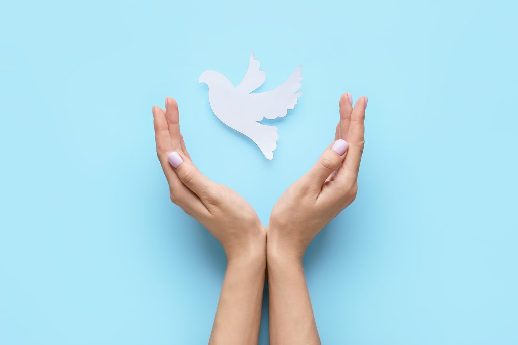 Female Hands With Paper Dove On Color Surface International Day Of Peace